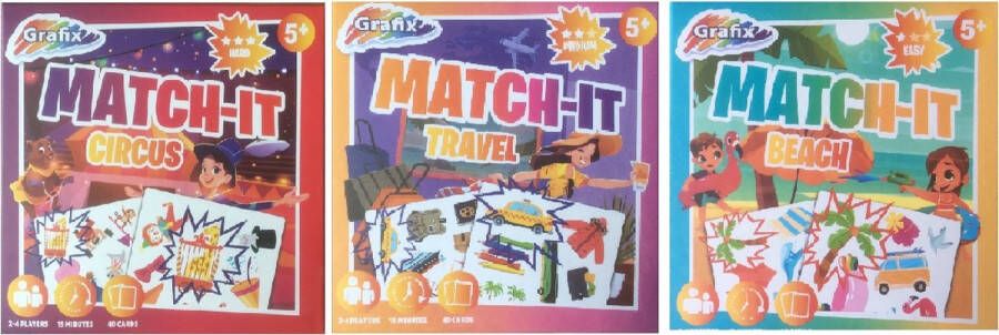 Grafix Match-It Dobbelspel set van 3 Travel + Beach + Circus