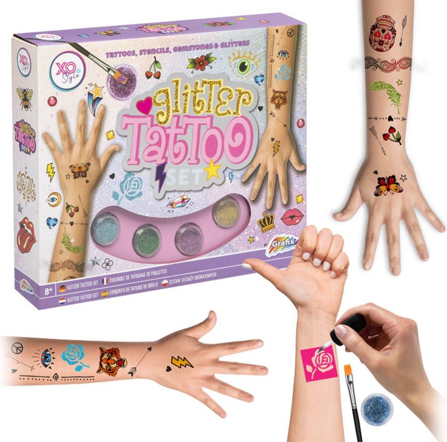 Grafix Mega Glitter Tattoo Set | Glitter Tattoos | 4 kleuren | Met lijm & Kwast | 42 sjablonen | Plak tattoos voor Kinderen