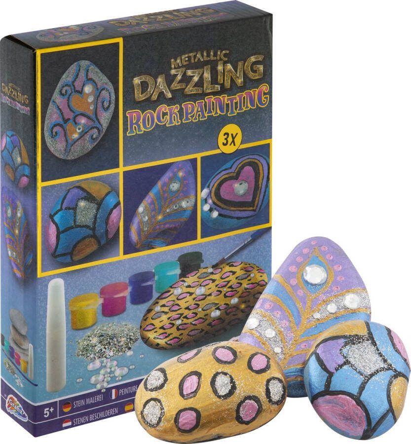 Grafix Metallic Dazzling Rock Painting Set voor Happy Stones met 3 stenen 5 kleuren metallic verf en diamant steentjes Creatief speelgoed voor kinderen vanaf 5 jaar Inclusief kwast en lijm!