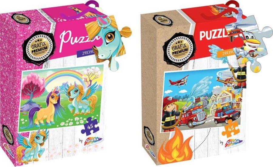 Grafix puzzel voor kinderen 2x legpuzzel Thema: brandweer & unicorns 45 puzzelstukjes 29 X 39 CM