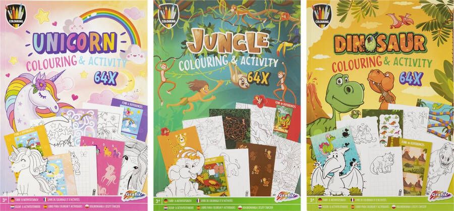 Grafix Set van 3 Kleur- en activiteitenboeken Vakantieboek voor Kinderen Unicorn Jungle Dino Zoek de Verschillen Kleurplaten Doeboek Opdrachtenboekje Geschikt voor kinderen vanaf 3+ jaar