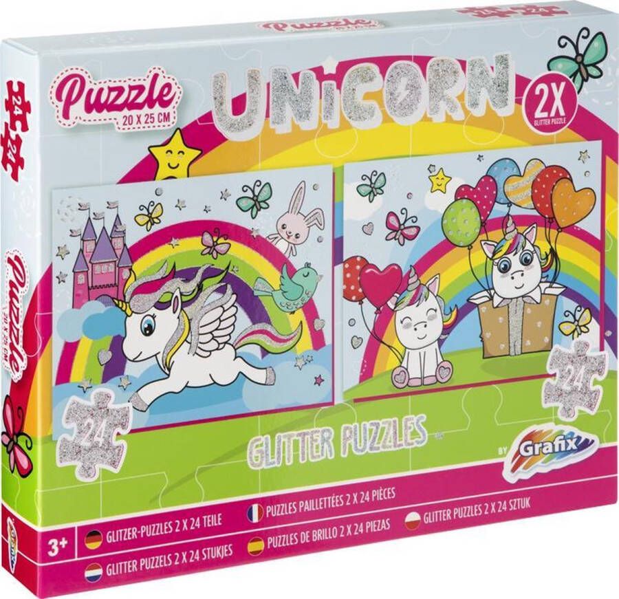 Grafix Unicorn puzzel 2 glitter puzzels 2 x 24 puzzelstukjes | Afmeting puzzels 20 x 25 cm | puzzel voor kinderen | vanaf 3 jaar