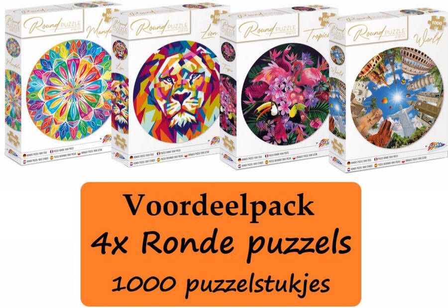 Grafix Voordeelpack 4x Puzzel 1000 stukjes volwassenen | Verschillende Ronde puzzels | Diameter 68 CM | Legpuzzel