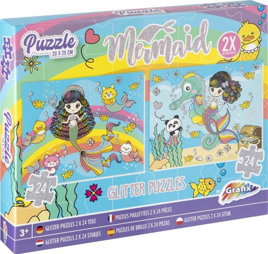 Grafix Zeemeermin puzzel 2 glitter puzzels 2 x 24 puzzelstukjes | Afmeting puzzels 20 x 25 cm | puzzel voor kinderen | vanaf 3 jaar