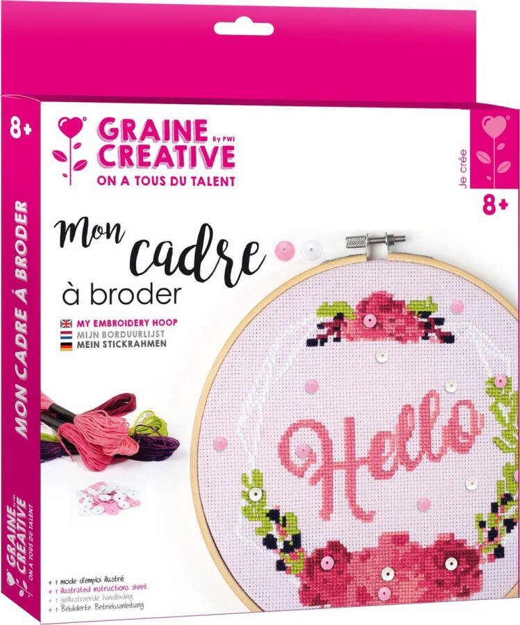 Graine Créative DIY Borduurset Ring d 20 cm | Borduurpakket | Embroidery Kit Hello in Wood