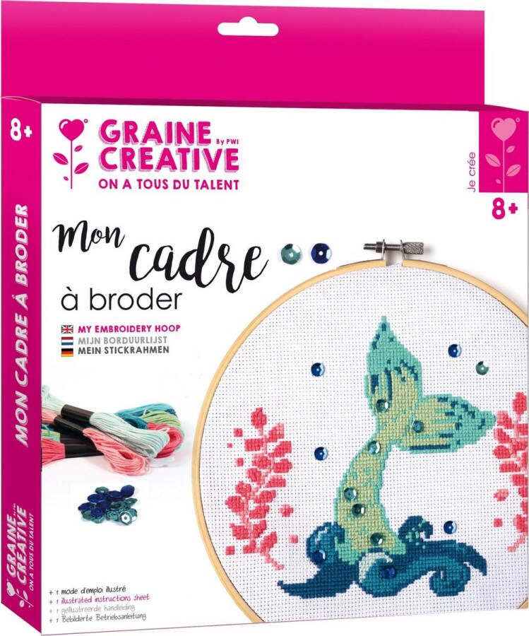 Graine Créative DIY Borduurset ring d 20 cm | Borduurpakket zeemeermin| Embroidery Kit mermaid
