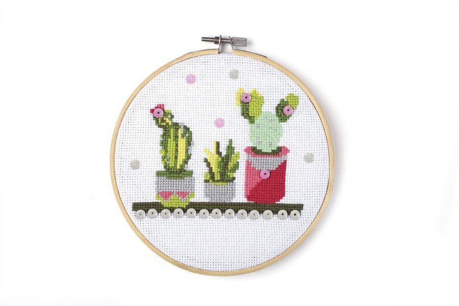 Graine Créative Borduurpakket | Borduren cactussen | Borduurnaald | Garen | Houten borduurring | Stof | Borduurset | Volwassenen | Kinderen | Hobby