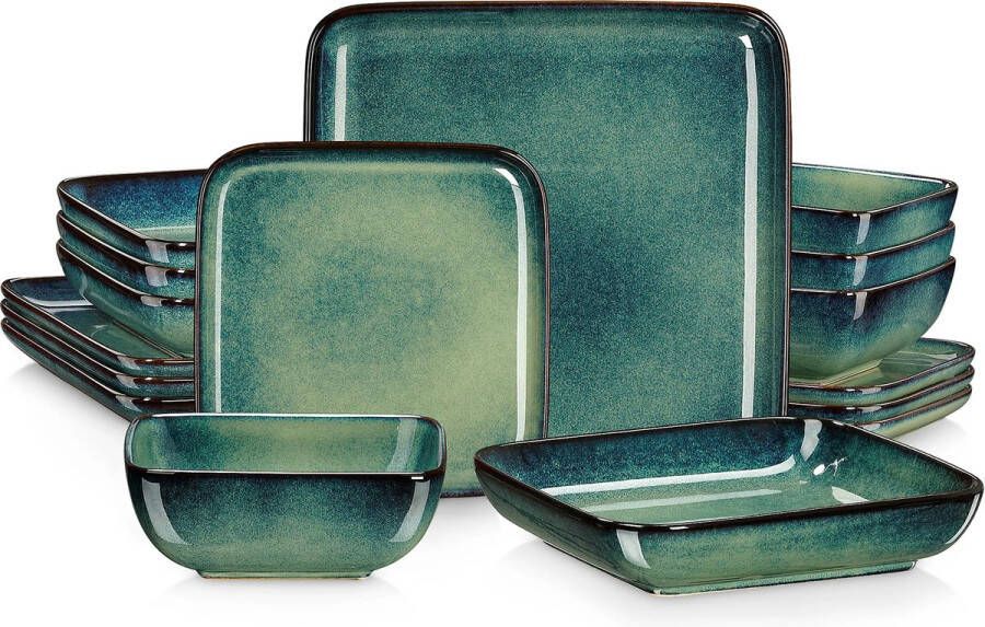 Gran Vida 16-Delig Serviesset Modern Vierkant Design met Uniek Reactief Glazuur Keramiek Geschikt voor 4 Personen Groen