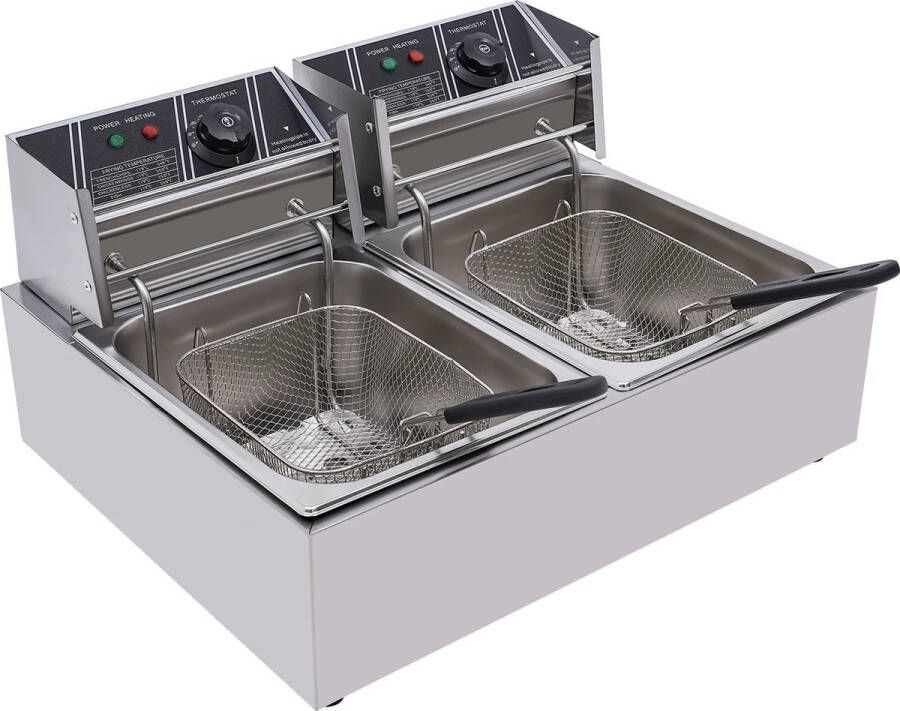 Gran Vida Dubbele Friteuse 12L Capaciteit Instelbare Temperatuur Snelle Verwarming 2 Manden en Deksels RVS