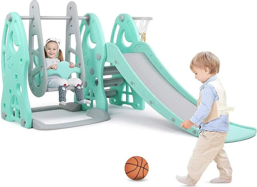 Gran Vida Alles-in-één Speeltoestel Schommel Glijbaan & Basketbal voor Binnen en Buiten