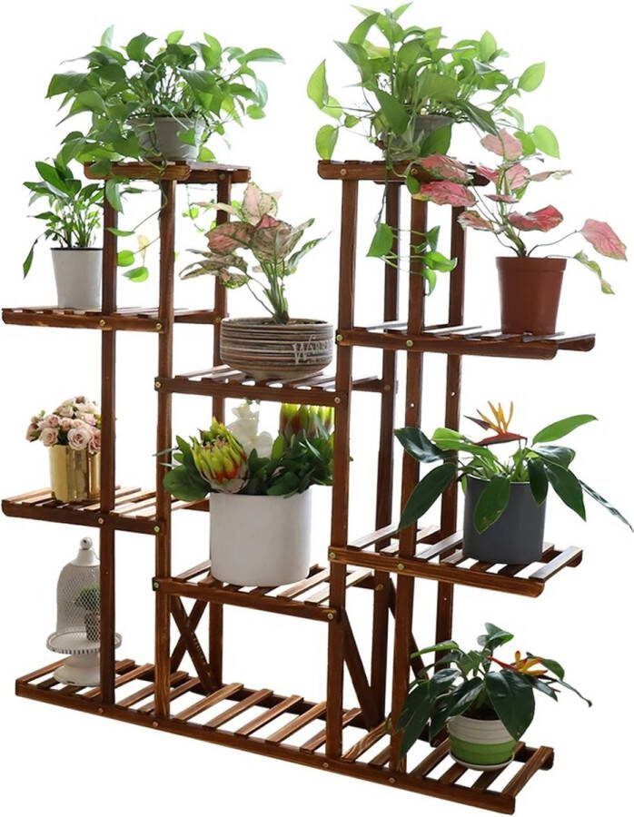 Gran Vida Plantenstandaard Houten Bloemenrek 9 Displayplanken Binnen en Buiten 116cm Hoog Bruin