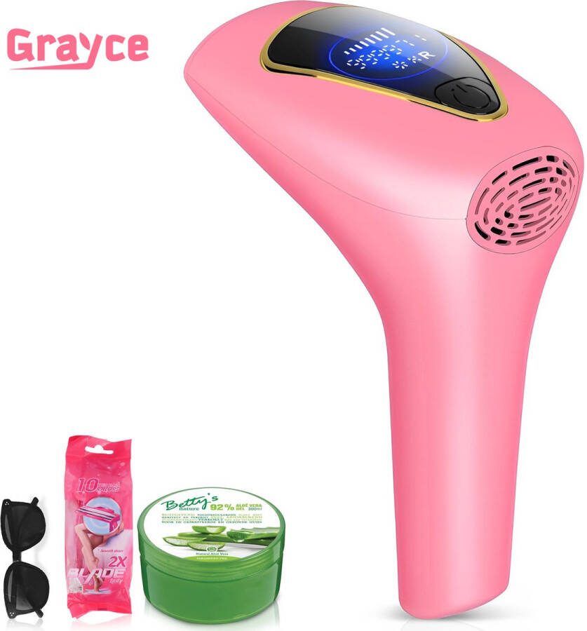 Grayce Pro 2 IPL ontharingsapparaat Laser ontharing Laser en lichtontharing Roze Inclusief GRATIS: beschermbril 11X Scheermesjes Aloë Vera 300ML