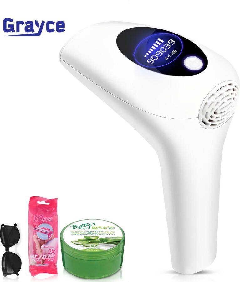 Grayce Pro 2 IPL ontharingsapparaat Laser ontharing Laser en lichtontharing Wit Inclusief GRATIS: beschermbril 11X Scheermesjes Aloë Vera 300ML