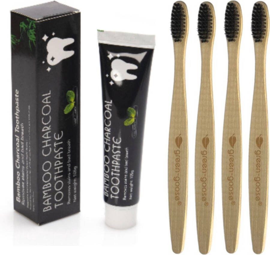 Green-goose Bamboe Houtskool Tandpasta met 4 Bamboe Houtskool Tandenborstels