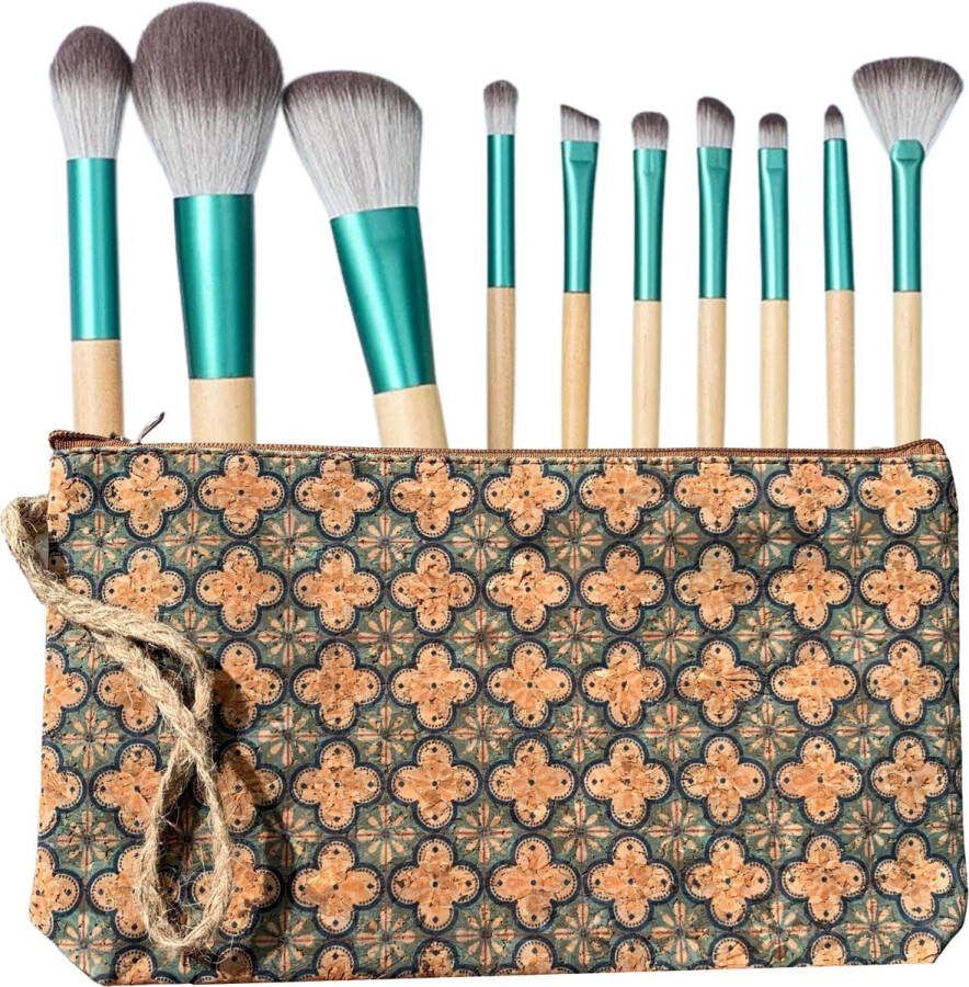 Green-goose Bamboe Make-up Kwasten in Kurk Tasje Toilettas 24x14 cm Reisetui Make-up Tasje