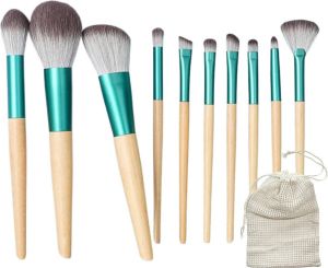 Green-goose Bamboe Make-Up Kwastenset 10 Borstels met Opbergtasje Make Up Brush Oogschaduw Foundation Kwast Poederkwast