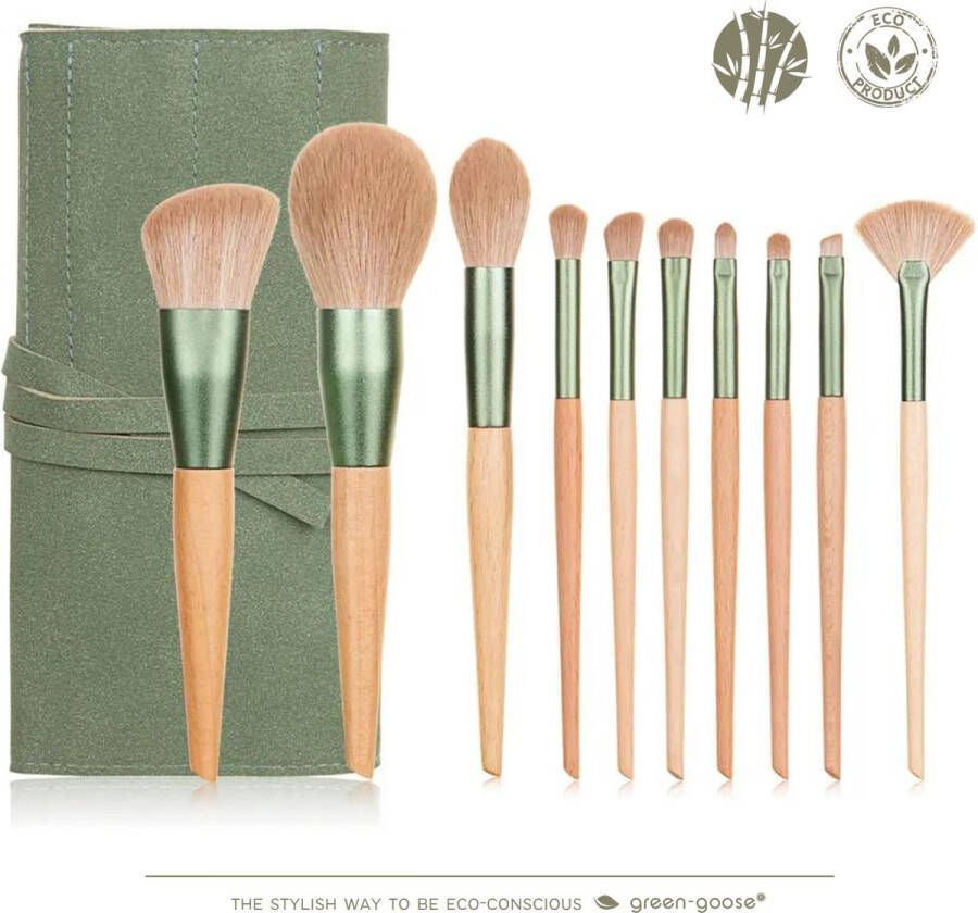 Green-goose Bamboe Make-up Kwastenset in Vegan Suede Hoes 10-delig Houten Make-up Borstels Vegan Cosmetica Kwastjes