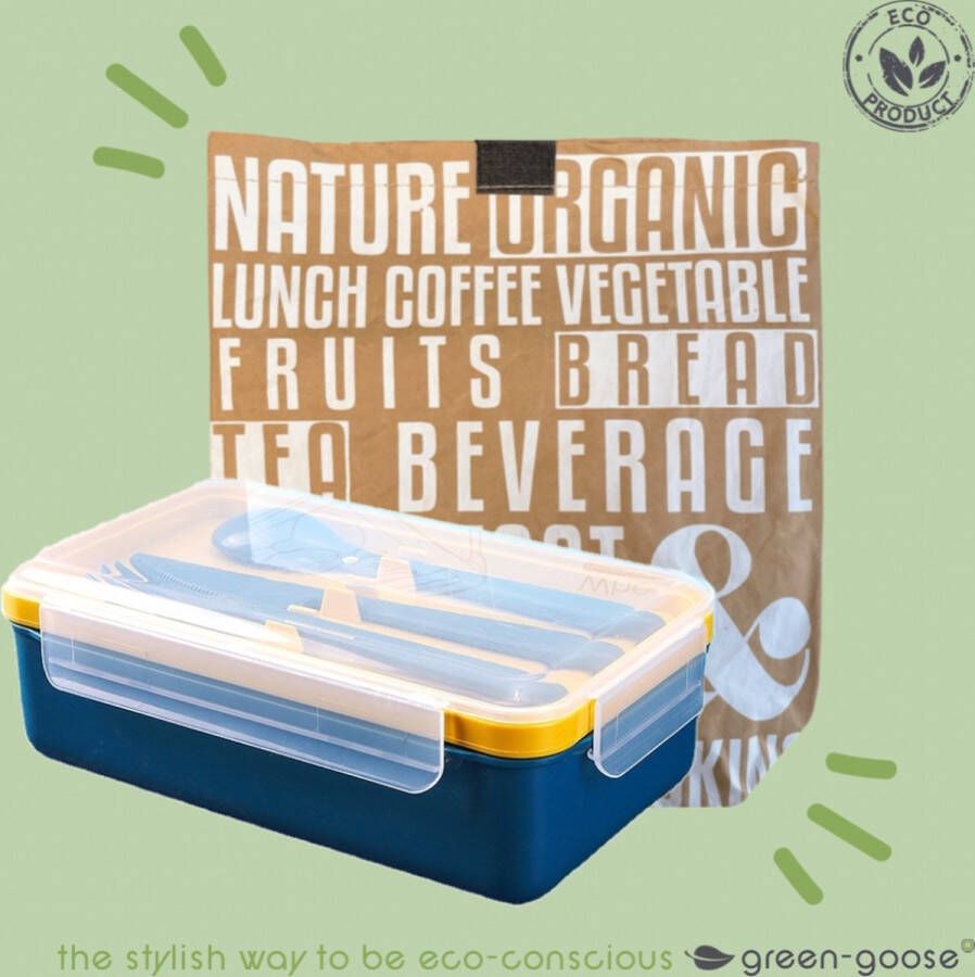 Green-goose Bio-based Lunch Set | Blauw Geel | Tyvek Thermo Koeltas met Lunchbox en Bestek | Duurzaam en Biologisch Afbreekbaar | Vaatwasserbestendig