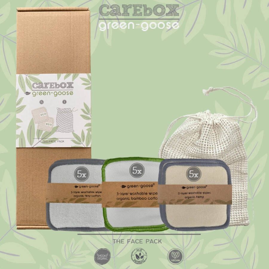 Green-goose Gezichtverzorging | CareBox Face Pack | 15 Herbruikbare Wattenschijfjes (Zacht Medium Scrub) met Biokatoen Waszakje