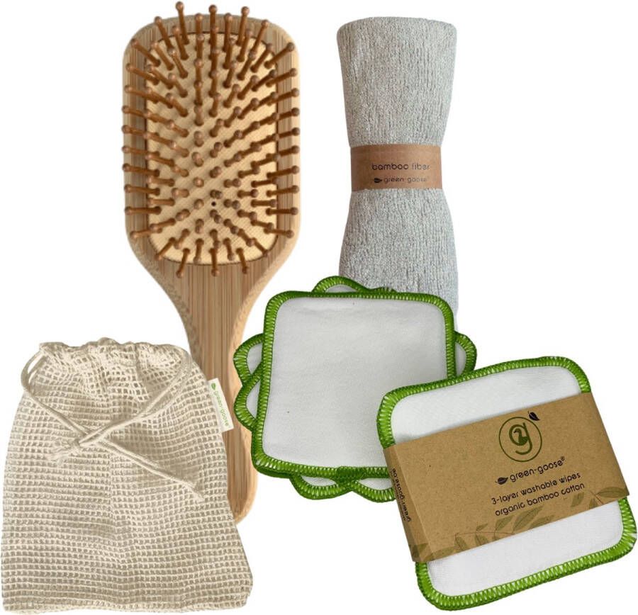 Green-goose Haar Verzorgingspakket | Bamboe Haarborstel | Gezichtreinigingsdoek | 5 Make-up Remover Herbruikbare Wattenschijfjes | Waszakje | Duurzaam | Minimal Waste