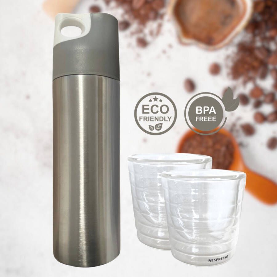 Green-goose Metalen Thermos (500ml) met 2 Nespresso Koffieglazen (2x150ml) Dubbelwandig Duurzaam Kerstcadeau!