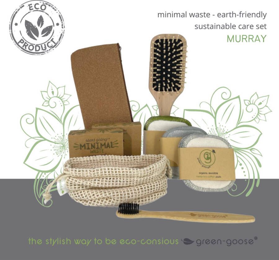 Green-goose Duurzaam Verzorgingspakket Murray 8-delig 15 Herbruikbare Wattenschijfjes Bamboe Massage Haarborstel Bamboe Wattenstaafjes Bamboe Tandenborstel Kurk Make-up Etui