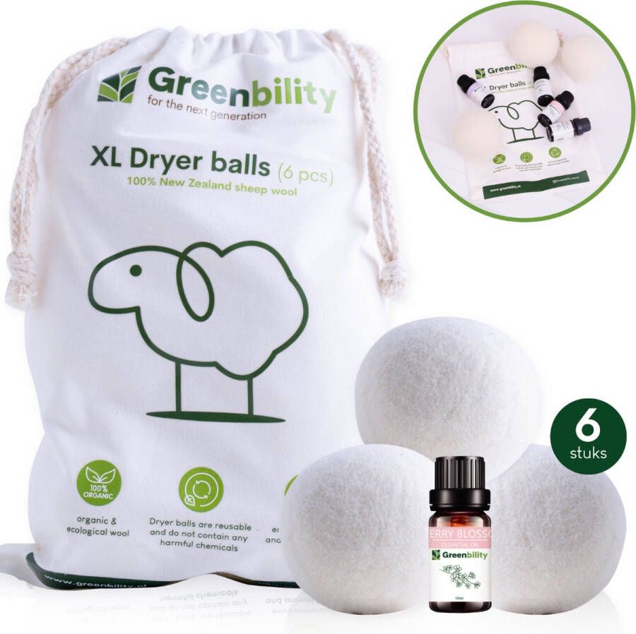 Greenbility XL Drogerballen met Cherry Blossom Olie Wasdrogerballen Energiebesparend Wol Minder lang drogen Wit Droogballen voor wasdroger Set van 6