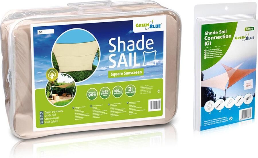 GreenBlue Schaduwdoek UV-schaduw tuinzeil polyester 4m vierkant crème en Universele Bevestigingset voor Schaduwdoeken