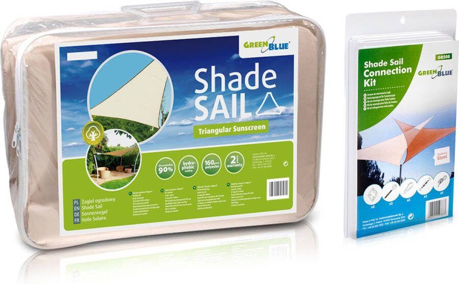 GreenBlue Schaduwdoek UV-schaduw tuinzeil polyester 3 6m driehoek crème en Universele Bevestigingset voor Schaduwdoeken