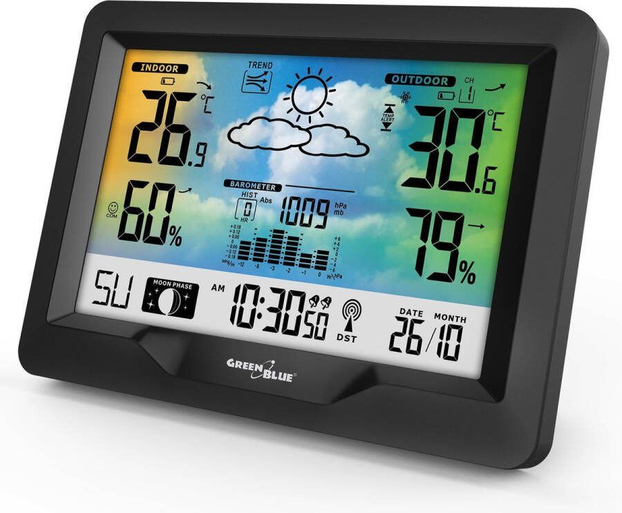 GreenBlue Weerstation Draadloos weerstation met DCF Met maanfasen barometer kalender Zwart