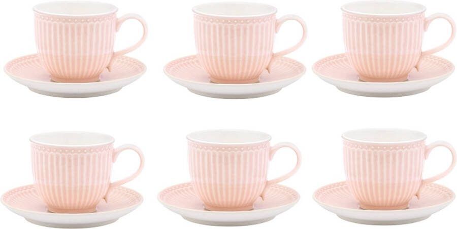 GreenGate Kop en Schotel set van 6 Alice lichtroze 225 ml Porselein Kop & Schotel