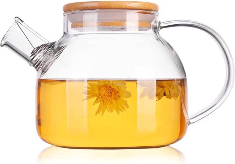 Greenkey GREENKY Glazen theepot met filter en bamboe deksel- Theekan Duurzaam Filter Theehouder Theeglas Fruitkan Schenkkan Teapot Moederdag cadeautje 1 6Liter 1600ml