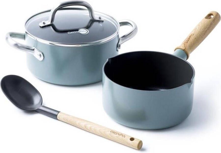 GreenPan Pannenset Mayflower 3 kookset met kookpan sauspan en keukenspatel Blauw Inductie PFAS-vrij