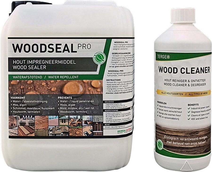 GreenSeal Solutions Woodseal Pro 5L + 1L Woodcleaner Tuinhout impregneren Hout impregneren Hout waterdicht maken Nano coating hout Schuttingen impregneren Houtreiniger