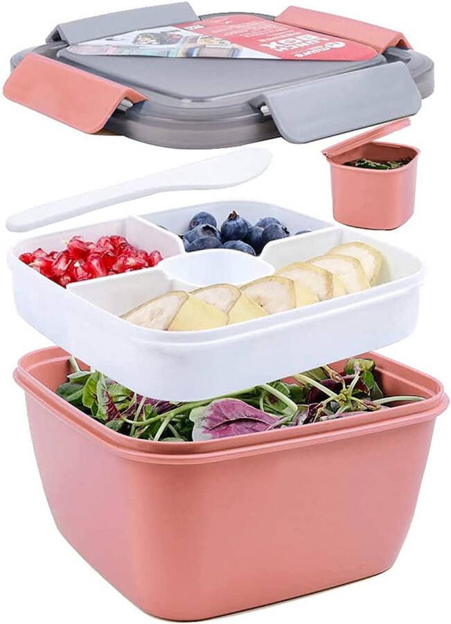 Greentainer Saladecontainer lunchcontainer Bento Box voor lunch 3 vakken voor salade en snacks slakom met dressingcontainer lekvrij magnetronbestendig 1500 ml donker (roze)