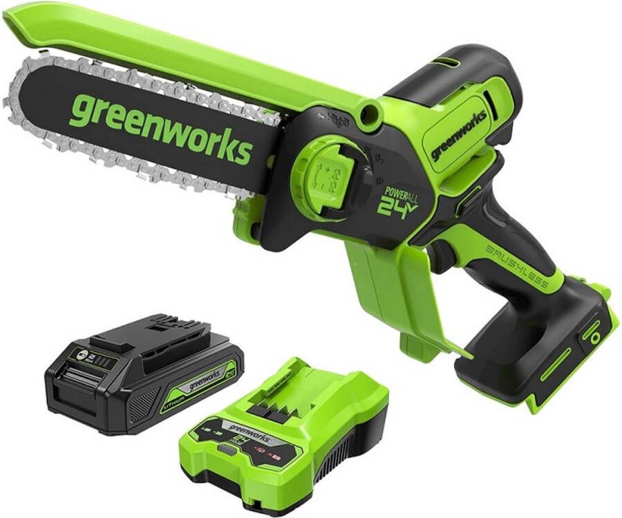 Greenworks 24 VOLT MINI ACCU KETTINGZAAG MET ACCU EN LADER G24MCS10K2