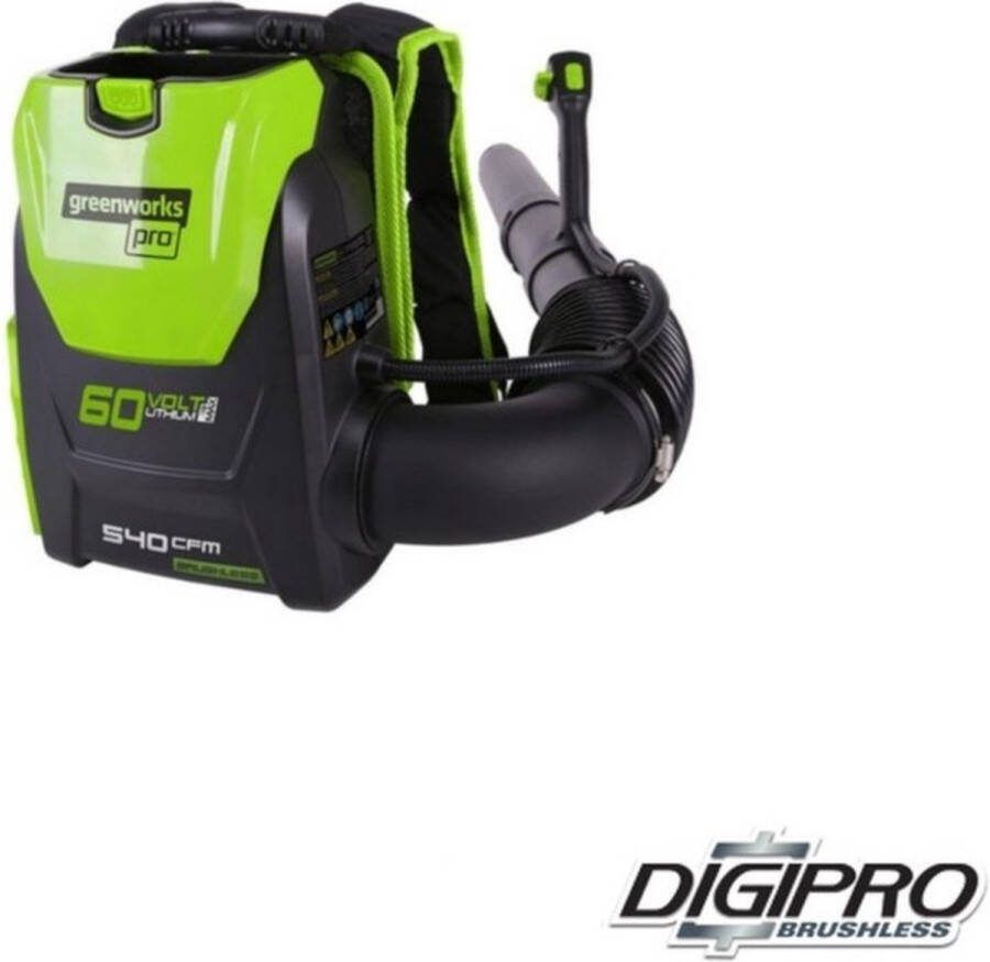 Greenworks Accu bladblazer 60 Volt rug gedragen zonder accu 3 jaar garantie koolborstel vrij digipro blaassnelheid 225 km h 3 75 kg