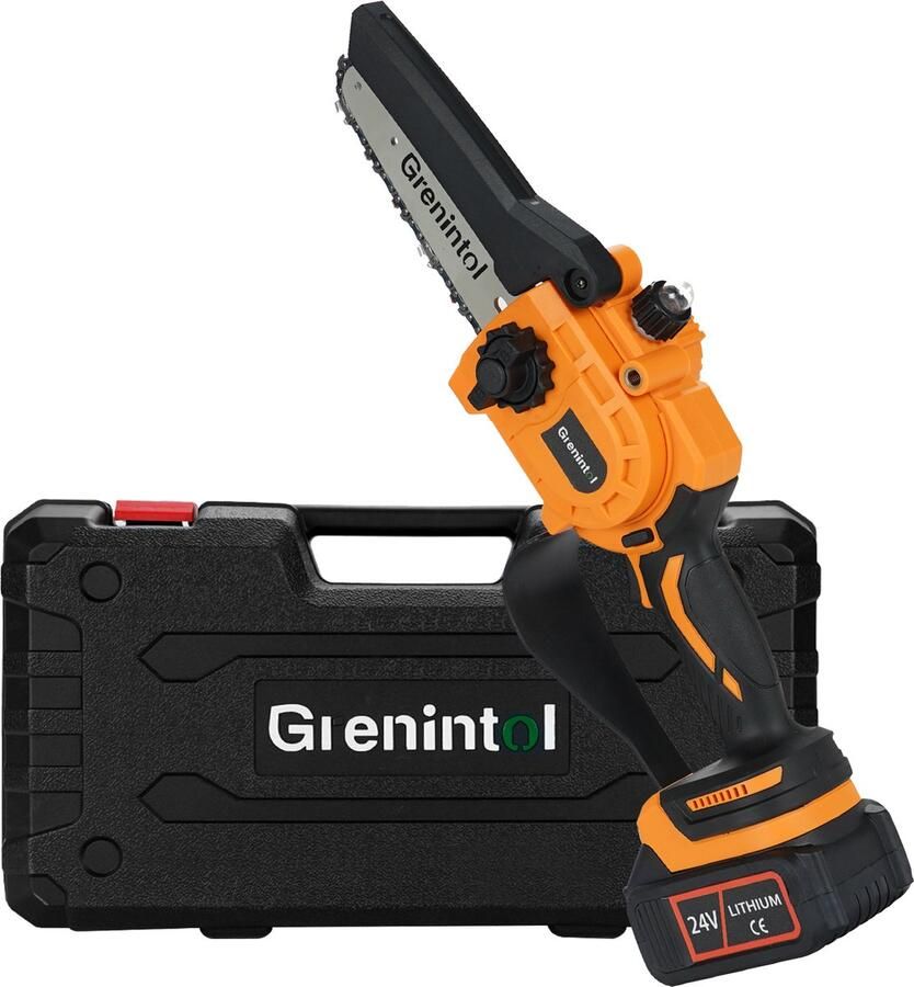 Grenintol Mini-kettingzaag met batterij 6 inch elektrische kettingzaag met automatische oliespuit draadloze kettingzaag mini-kettingzaag voor tuinschaar snoeischaar houtzagen LED-stroomdisplay 2 batterijen 6000mAh