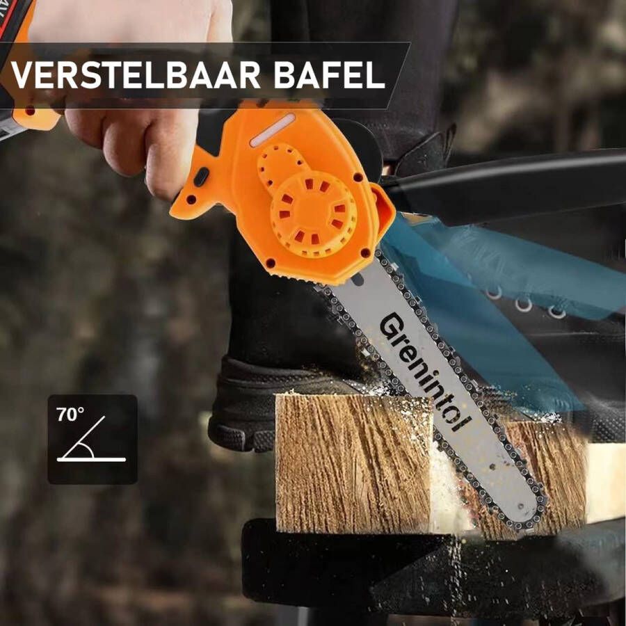 Grenintol Mini-kettingzaag met batterij 8 inch elektrische kettingzaag met automatische oliespuit draadloze kettingzaag mini-kettingzaag voor tuinschaar snoeischaar houtzagen LED-stroomdisplay 2 batterijen 6000mAh