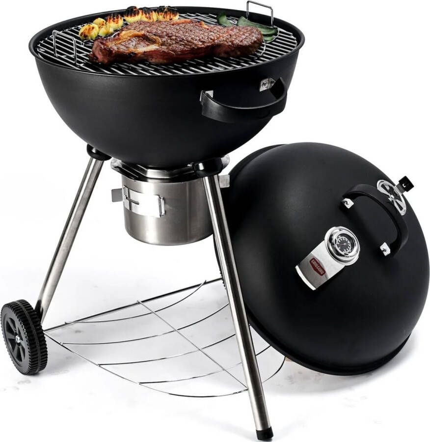 Grill Guru Classic Kettle Houtskool BBQ met thermometer en wielen 55cm Grilloppervlak Met boven en onder ventilatie Houtskoolbarbecues -Zwart