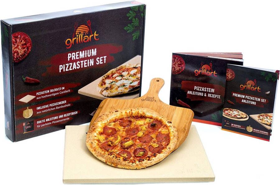 Grillart Premium pizzasteen voor gasgrill houtskoolgrill en oven in een set hoogwaardige pizzasteen rechthoekig inclusief pizzaschuiver en receptenboek ook optimaal geschikt als broodbaksteen