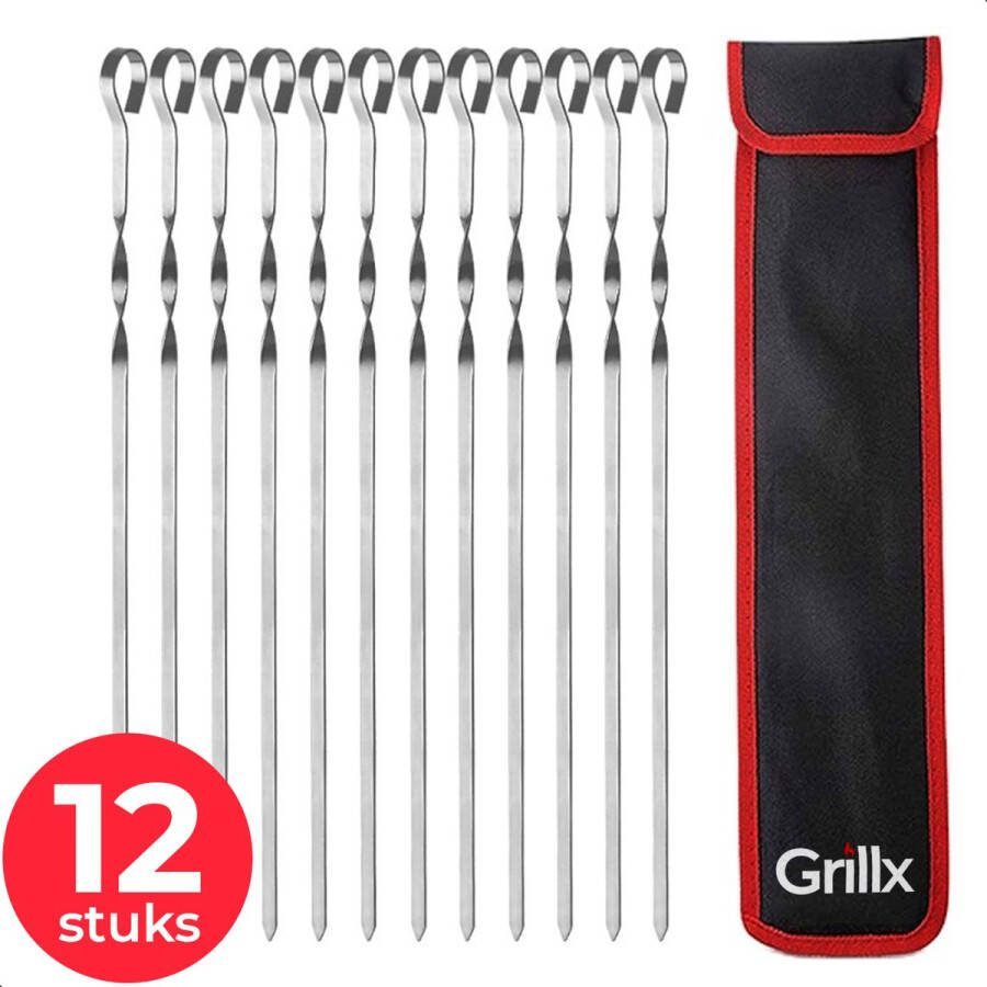 GrillX Barbecue Lange Spiezen 12 stuks Luxe RVS Vleespennen 40cm Kebab Marshmallow Spiezen Kamado BBQ Accesoires