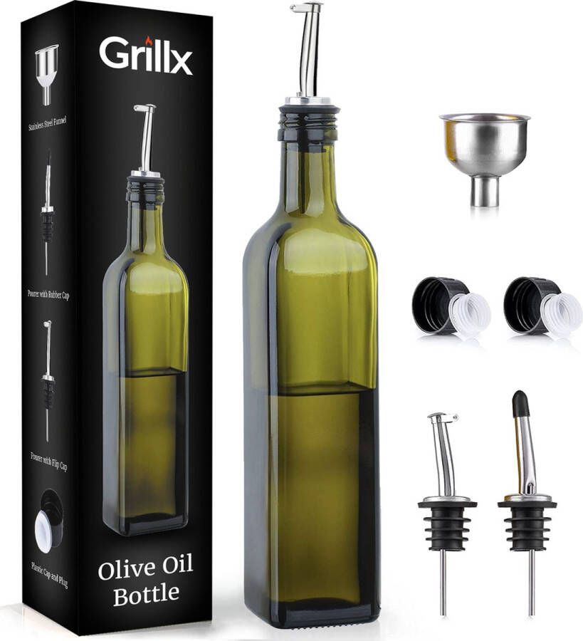 GrillX Olijfolie fles met schenktuit 500ml Glazen Oliefles Inclusief Schenkteut Trechter & Accessoires BBQ Accesoires Sprayer