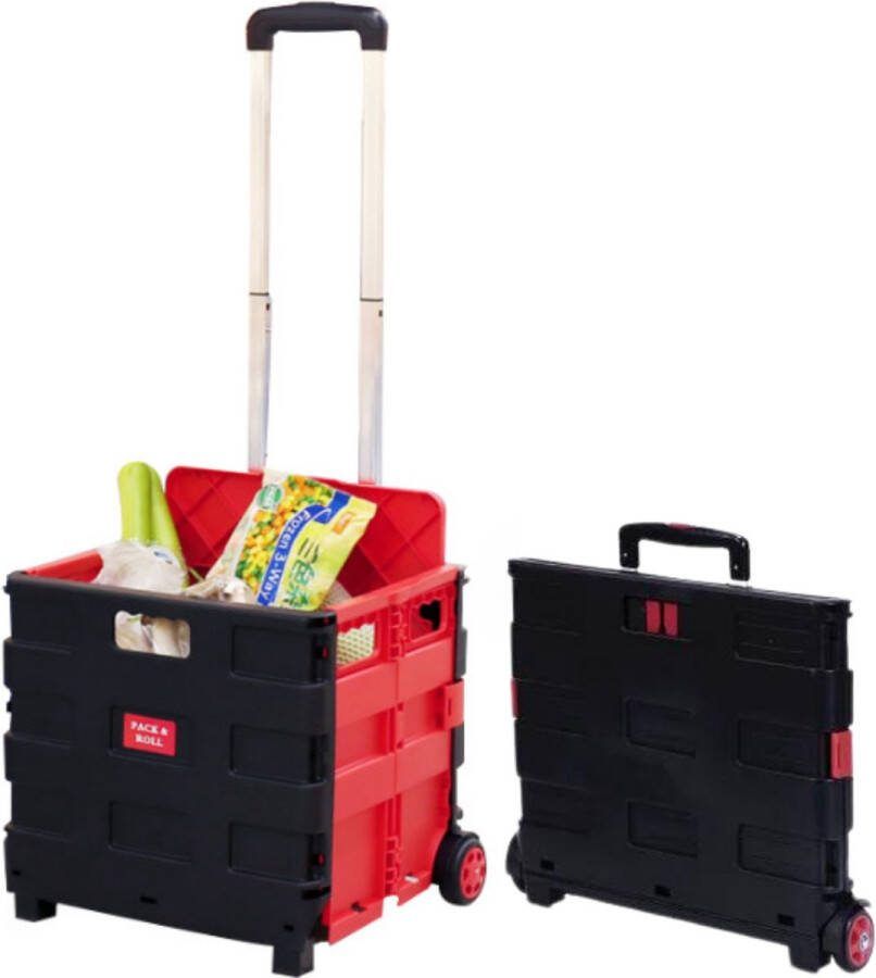 Grinisse Boodschappentrolley – Boodschappenwagen – 65L – Boodschappenkrat – Inklapbaar – Rood Zwart – 43 x 43 x 8.5 cm