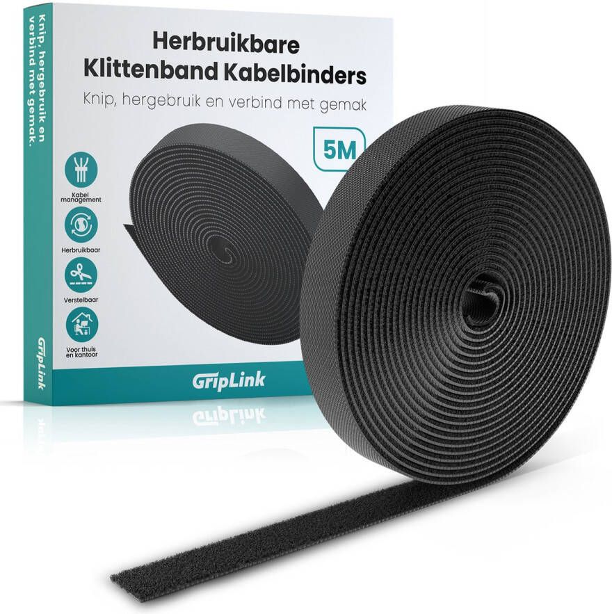 GripLink Klittenband Kabelbinder 5 Meter Dubbelzijdig Zelfklevend