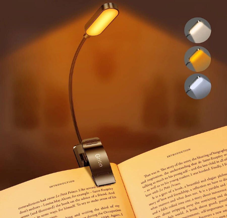 Gritin Leeslamp met Boekklem Oplaadbare boeklamp USB C Oplaadbaar 3 Kleurentemperatuurmodi 360° Flexibel voor Nachtlezen in Bed