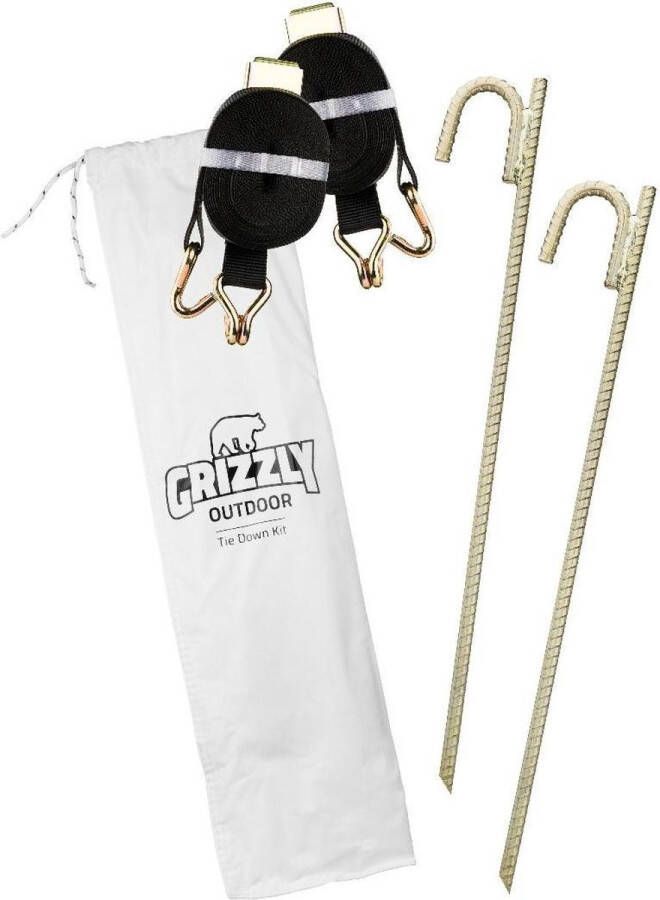 Grizzly Outdoor 2 Spanbanden met ratels 5 m x 28 mm 700kg | 2 Haringen 60cm | Partytent bevestigingsmateriaal