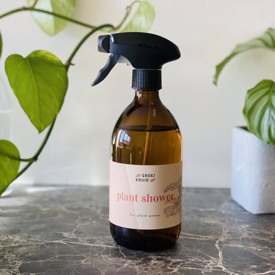 Groeikruid Plantenspuit | 500 ml amber glas | met zwarte spraykop | plantensproeier | waterverstuiver | vernevelaar | met Plant Shower label
