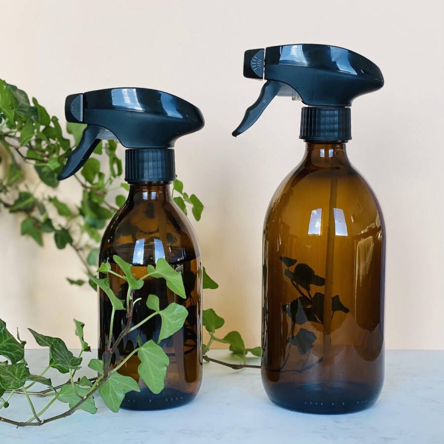 Groeikruid Plantenspuit set | 500 + 300 ml amber glas | met zwarte spraykop | plantensproeier | Waterverstuiver | Verstuiver
