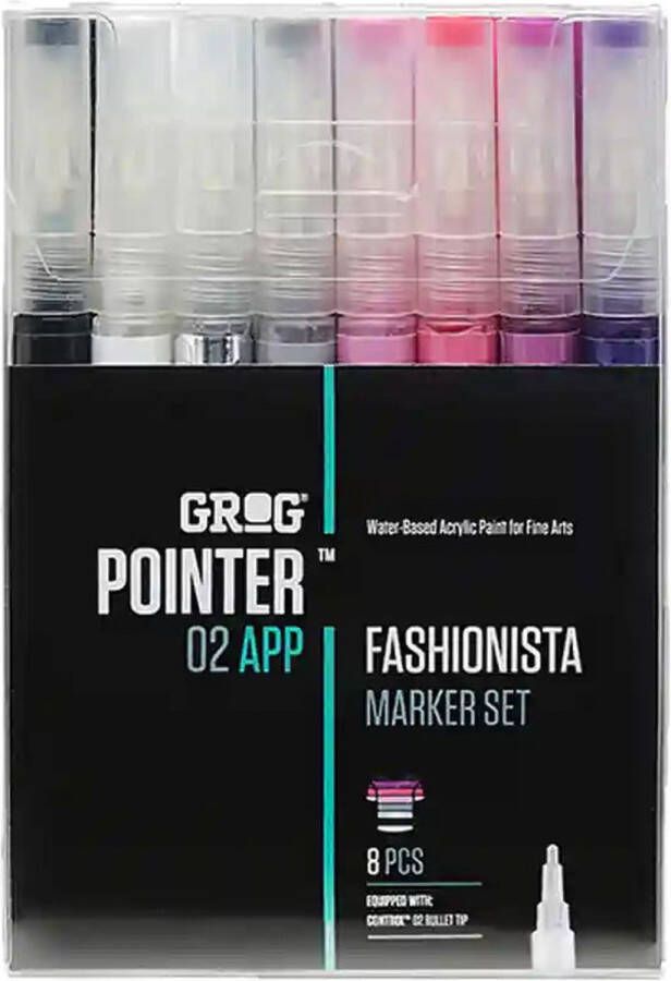 Grog pointer Fashionista set 8 verfstiften Waterbasis Stiftpunten van 2 mm